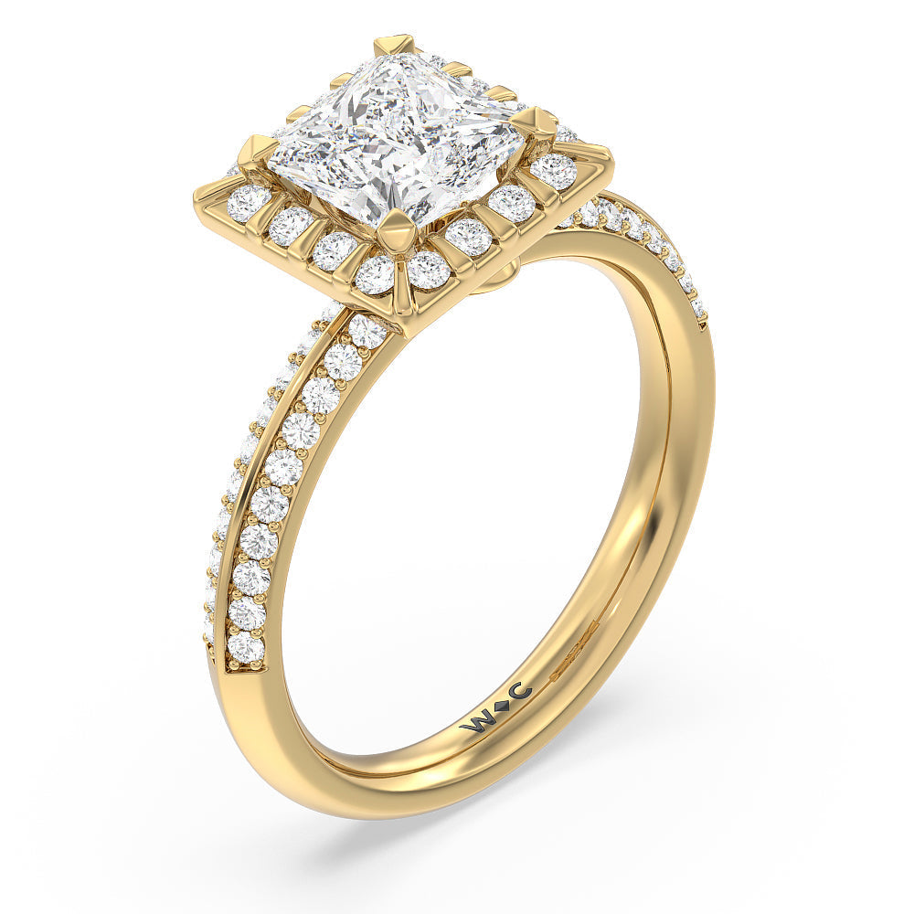 Pave Knife Edge Halo Engagement Ring with Princess Cut Diamond in 14KT Yellow Gold view 3
