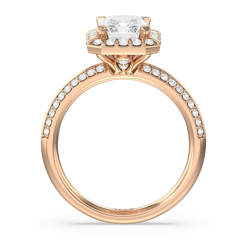 Pave Knife Edge Halo Engagement Ring with Radiant Cut Diamond in 14KT Rose Gold view 2
