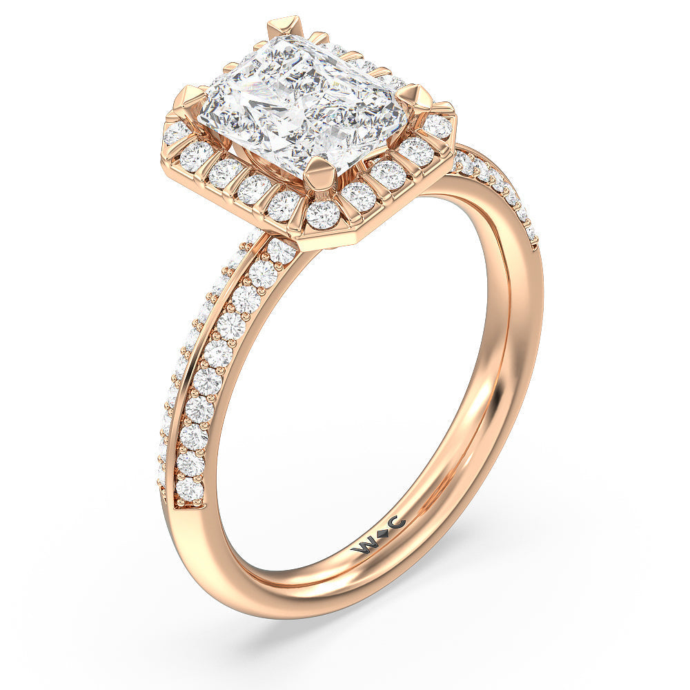 Pave Knife Edge Halo Engagement Ring with Radiant Cut Diamond in 14KT Rose Gold view 3
