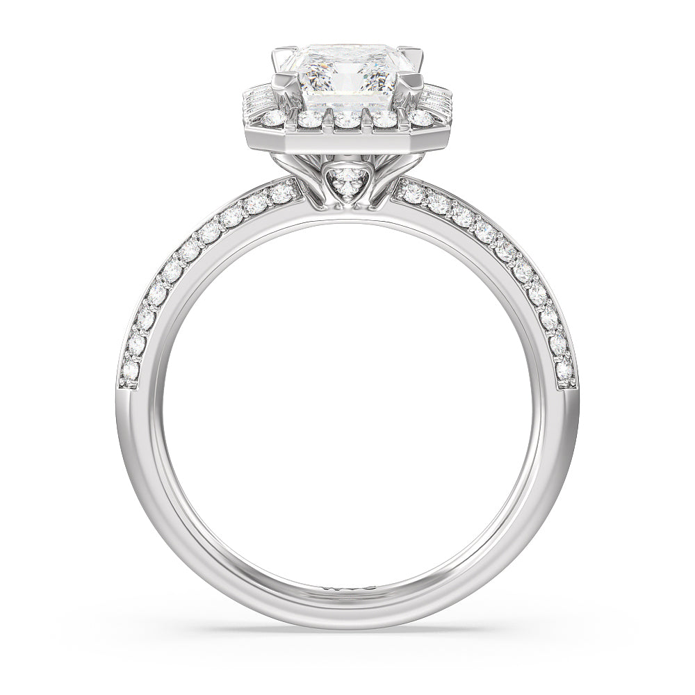 Pave Knife Edge Halo Engagement Ring with Radiant Cut Diamond in 14KT Platinum view 2
