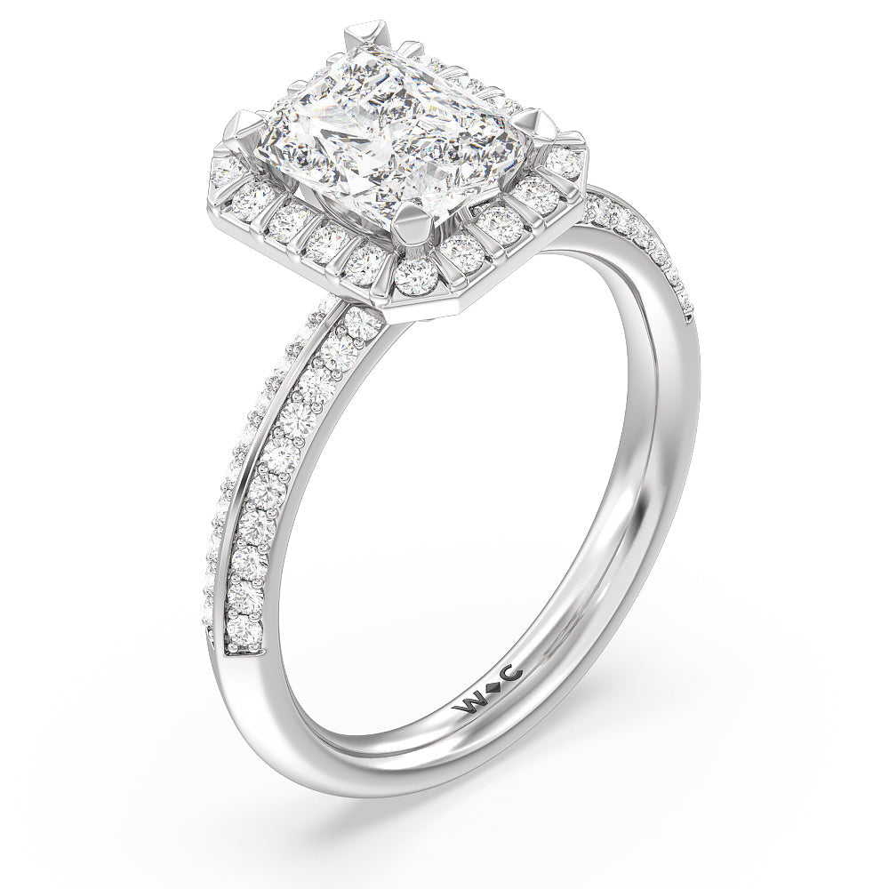 Pave Knife Edge Halo Engagement Ring with Radiant Cut Diamond in 14KT Platinum view 3
