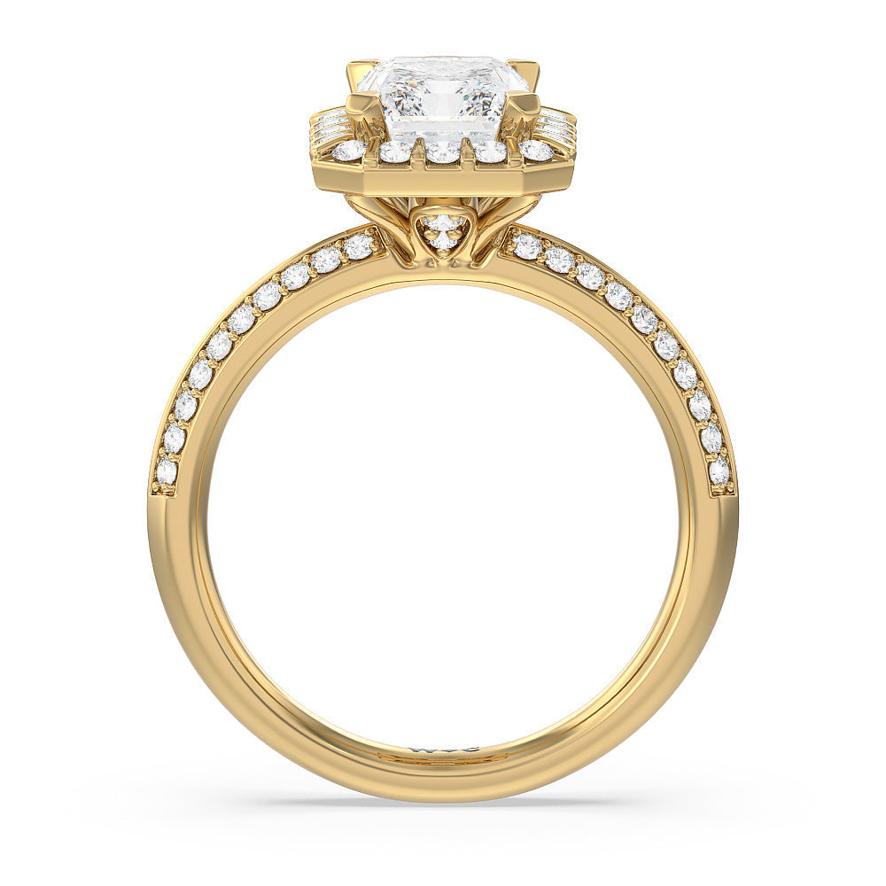 Pave Knife Edge Halo Engagement Ring with Radiant Cut Diamond in 14KT Yellow Gold view 2

