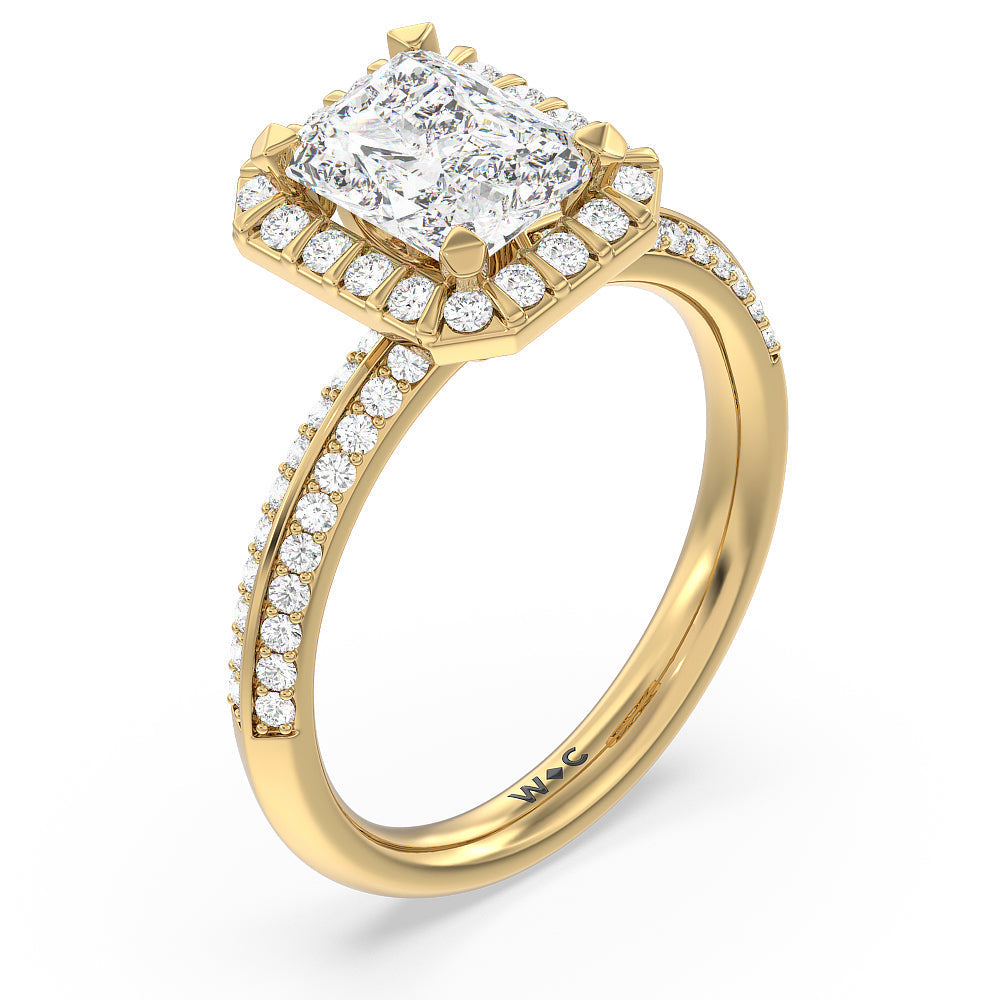 Pave Knife Edge Halo Engagement Ring with Radiant Cut Diamond in 14KT Yellow Gold view 3
