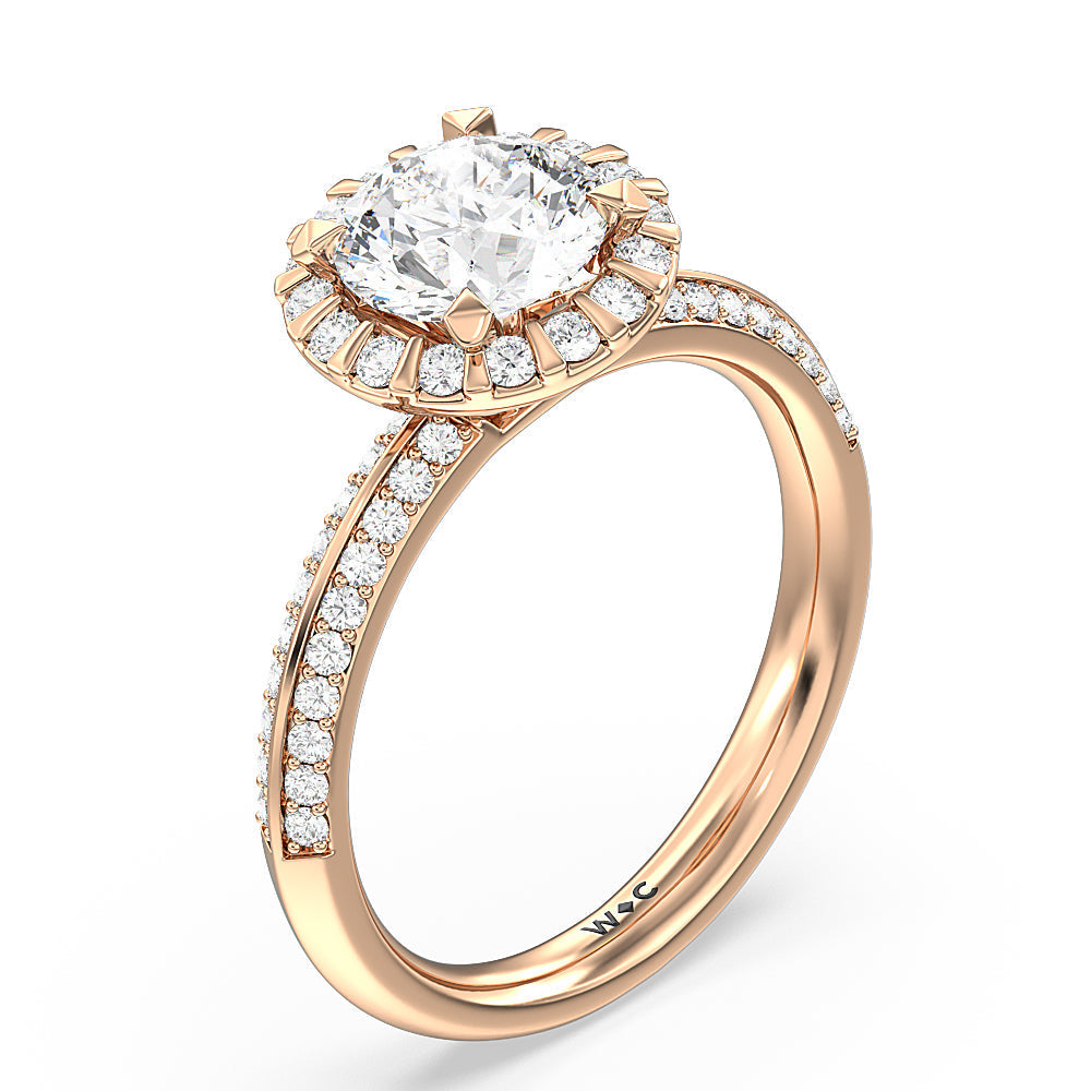 Pave Knife Edge Halo Engagement Ring with Round Cut Diamond in 14KT Rose Gold view 3
