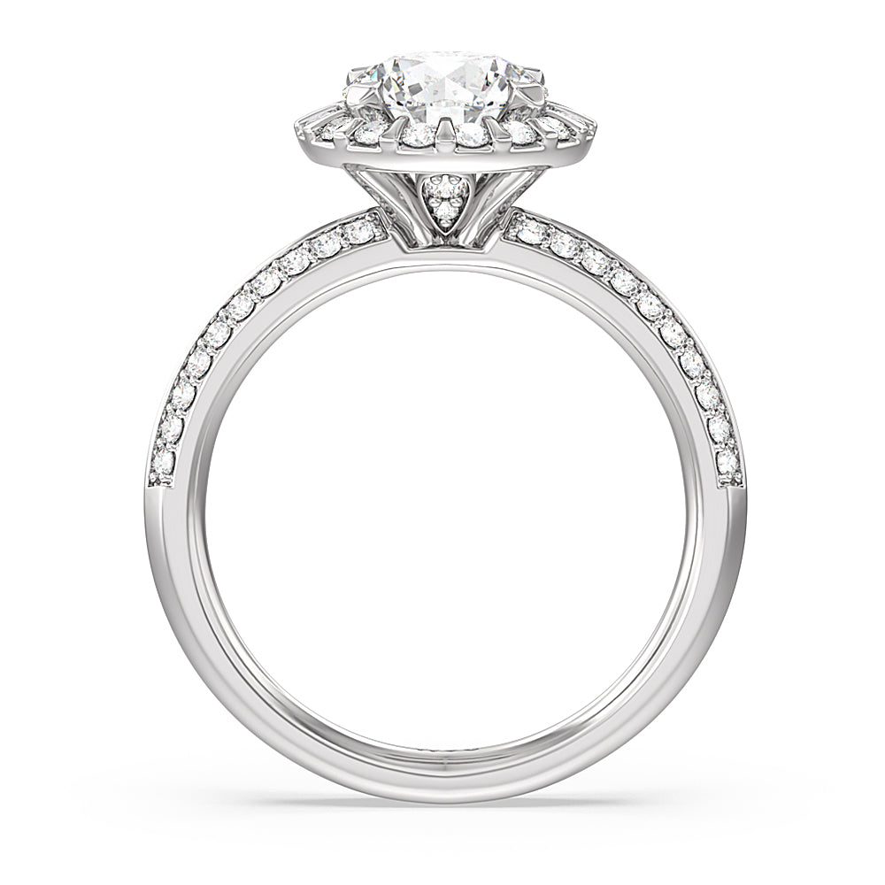 Pave Knife Edge Halo Engagement Ring with Round Cut Diamond in 14KT Platinum view 2
