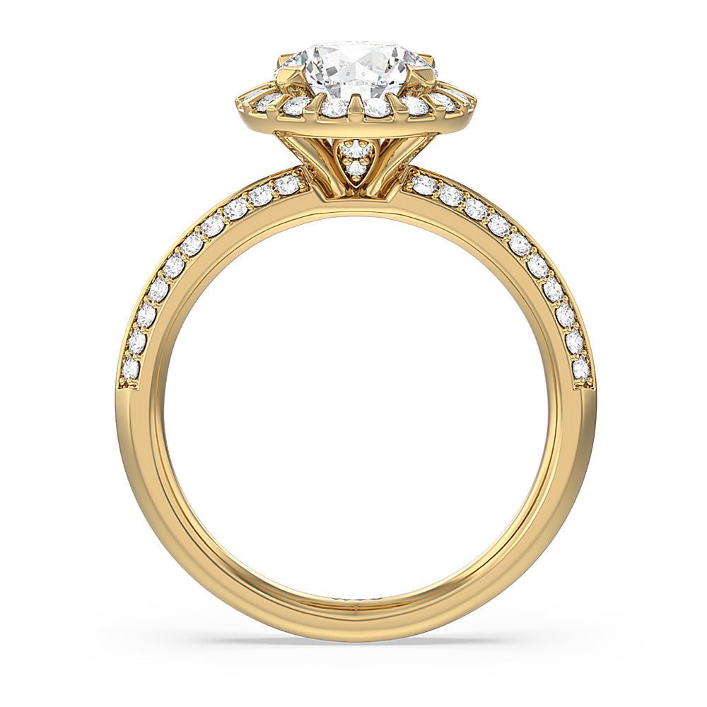 Pave Knife Edge Halo Engagement Ring with Round Cut Diamond in 14KT Yellow Gold view 2
