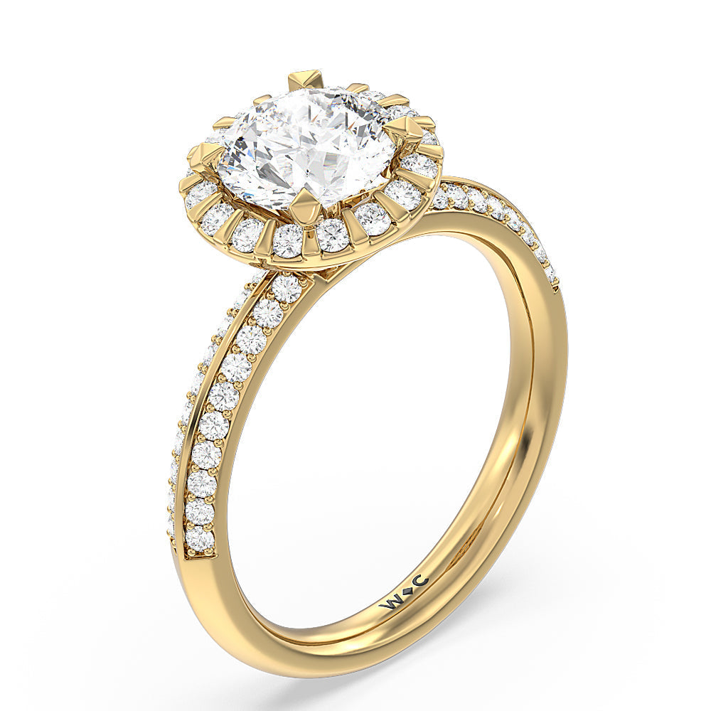 Pave Knife Edge Halo Engagement Ring with Round Cut Diamond in 14KT Yellow Gold view 3
