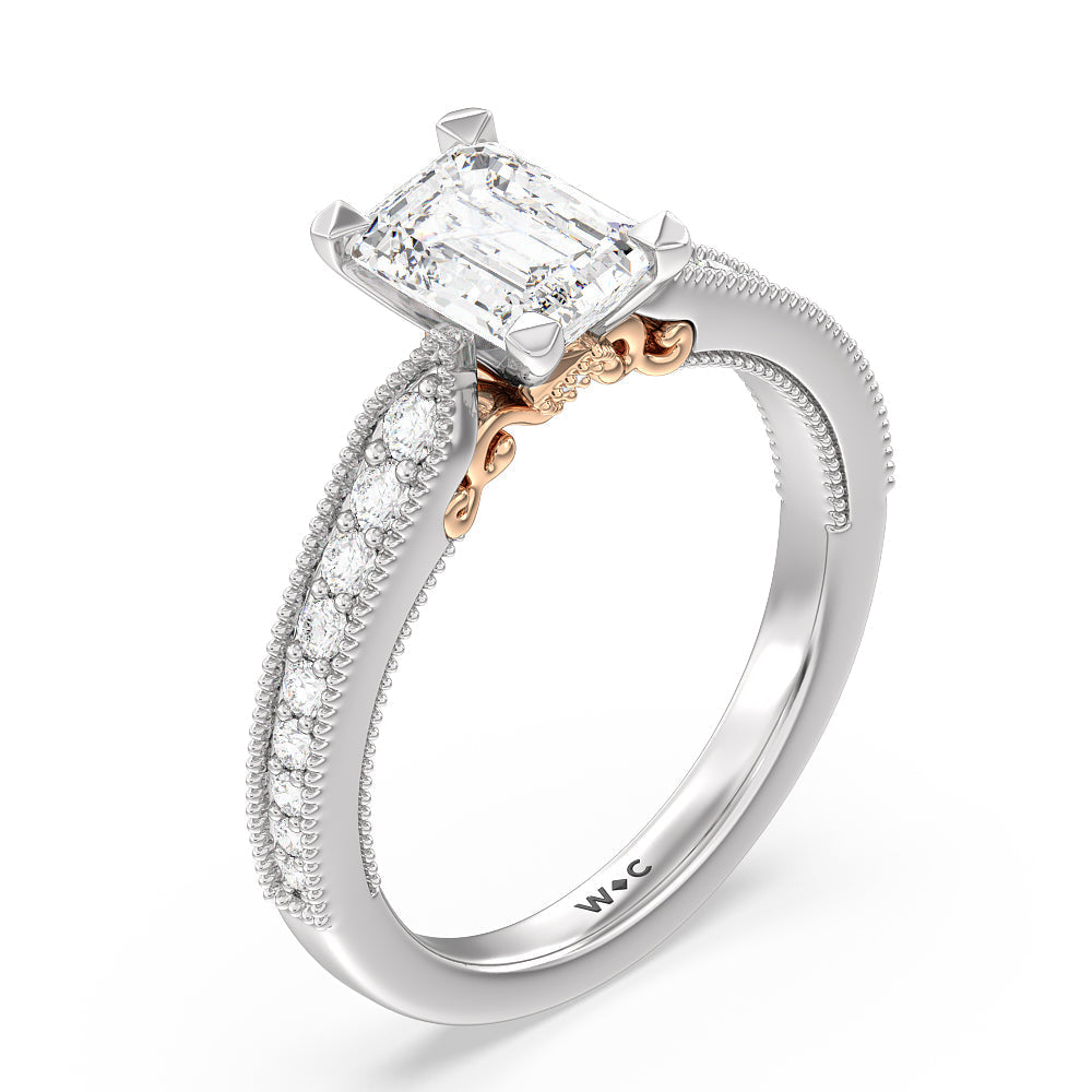 Milgrain Hidden Accent Engagement Ring with Emerald Cut Diamond in 14KT White & Rose Gold view 3

