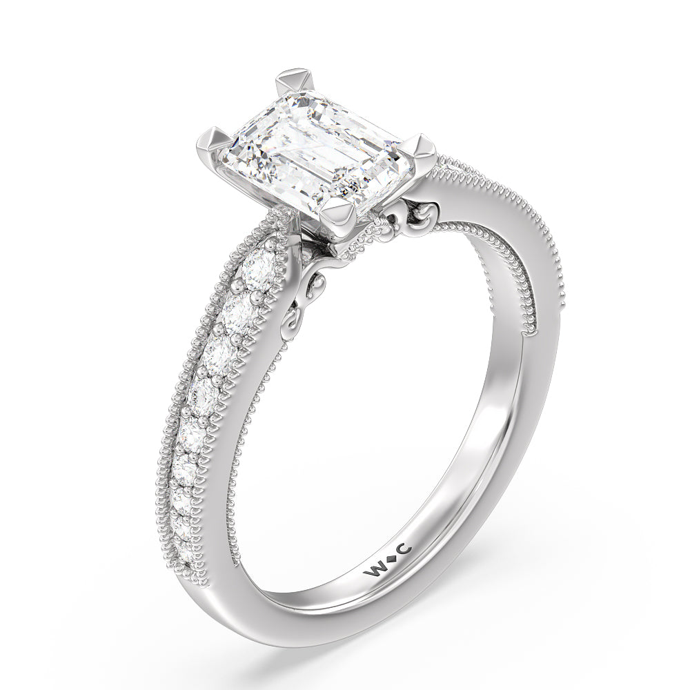 Milgrain Hidden Accent Engagement Ring with Emerald Cut Diamond in 14KT Platinum view 3
