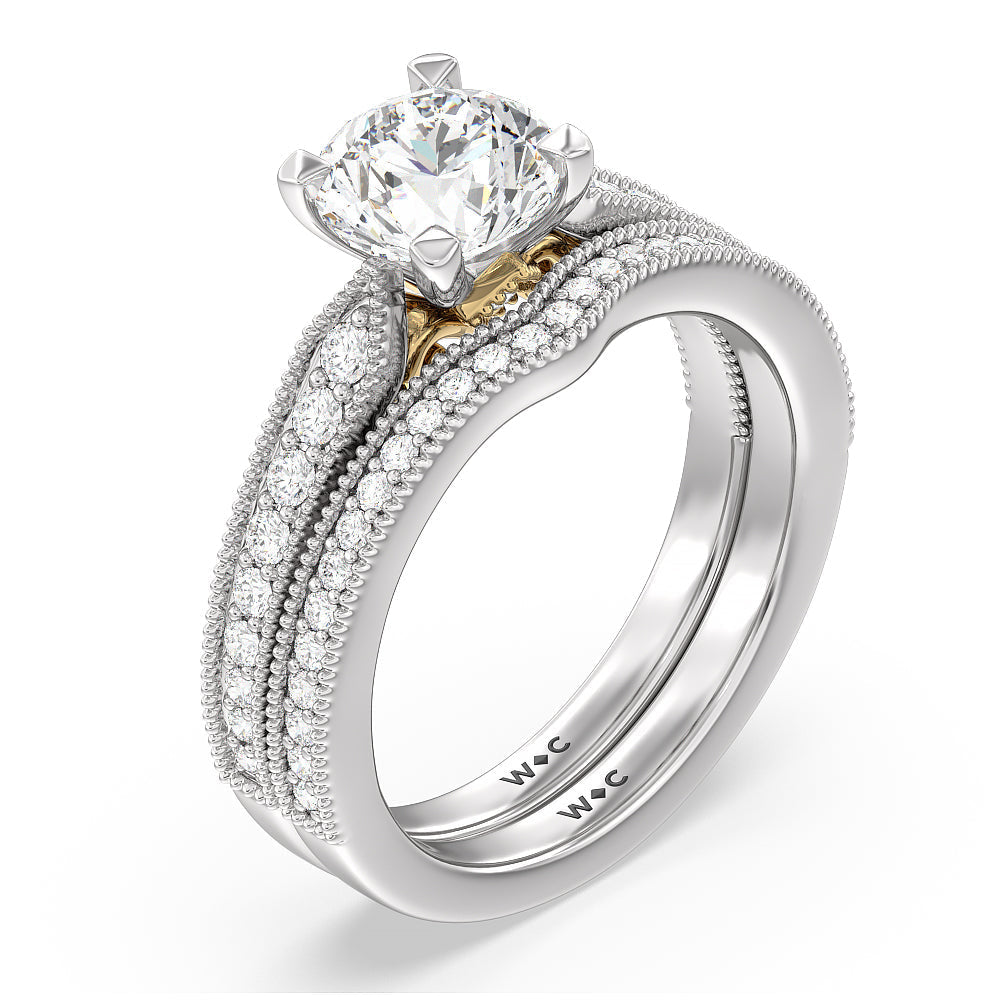 Milgrain Hidden Accent Engagement Ring with Emerald Cut Diamond in 14KT White & Yellow Gold view 4

