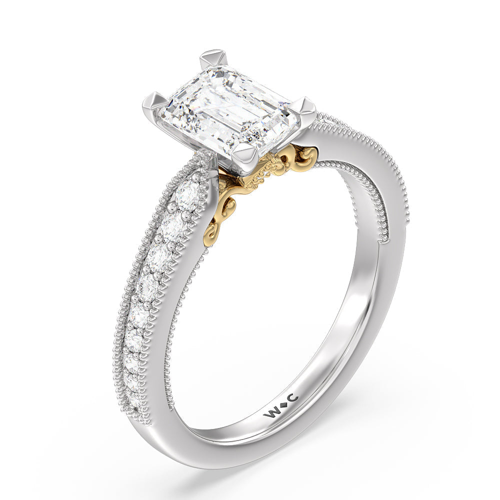 Milgrain Hidden Accent Engagement Ring with Emerald Cut Diamond in 14KT White & Yellow Gold view 3
