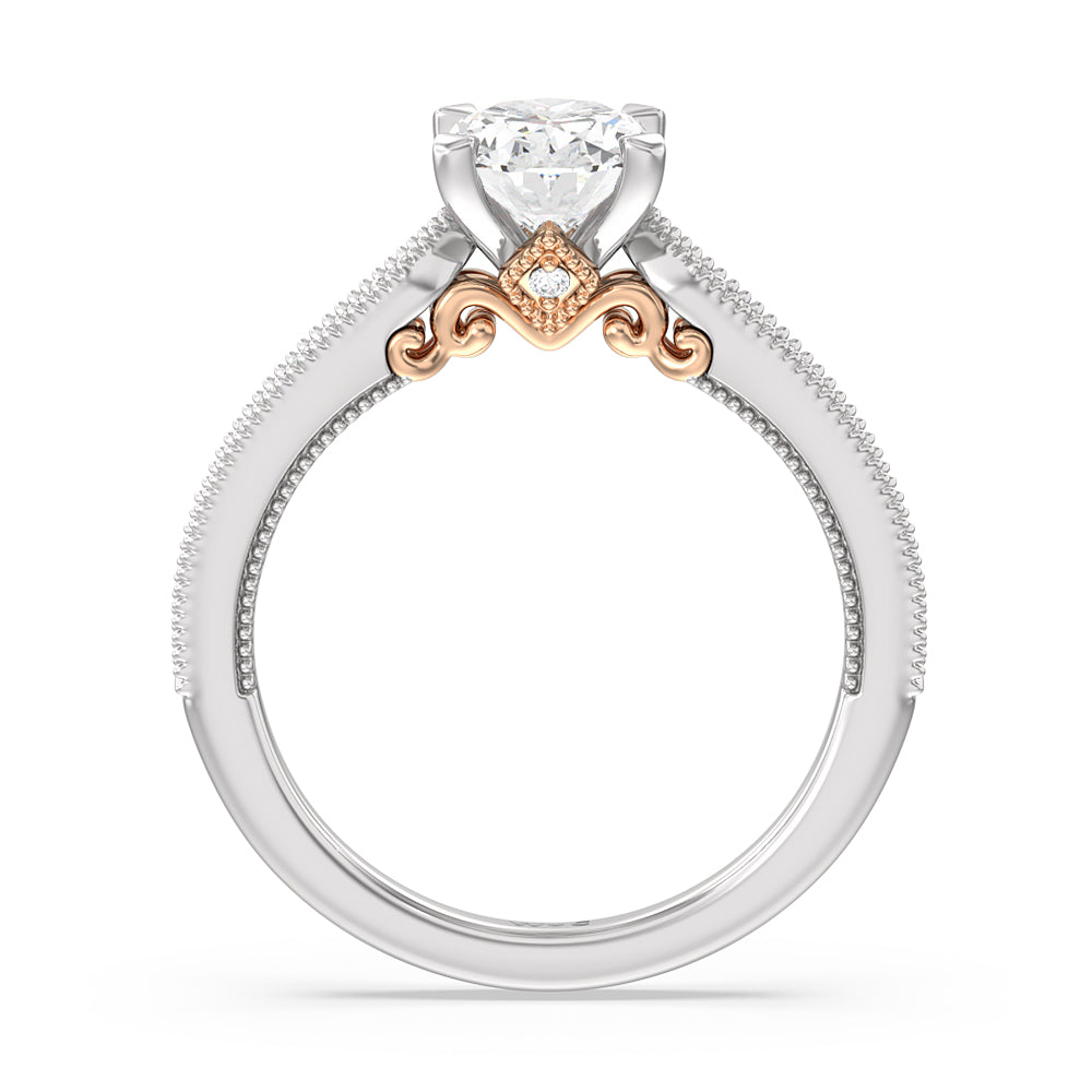 Milgrain Hidden Accent Engagement Ring with Oval Cut Diamond in 14KT White & Rose Gold view 2
