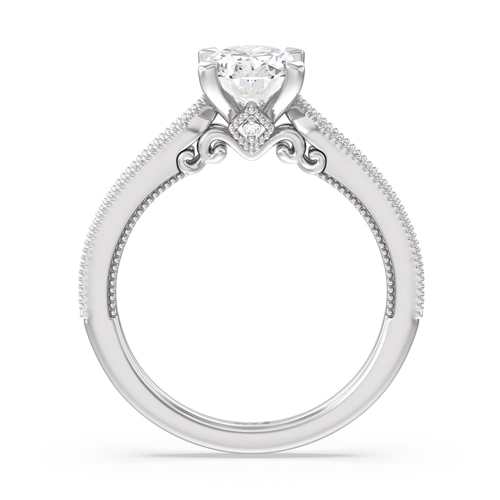 Milgrain Hidden Accent Engagement Ring with Oval Cut Diamond in 14KT Platinum view 2
