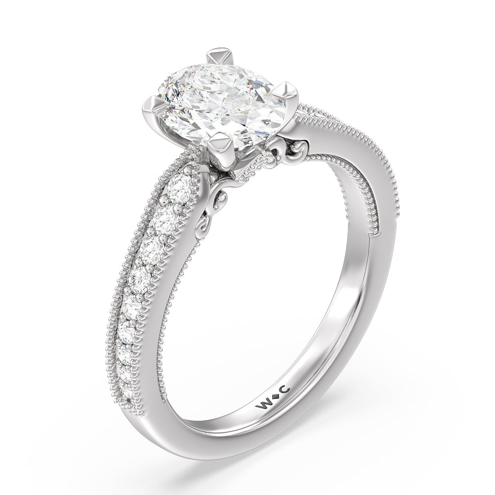 Milgrain Hidden Accent Engagement Ring with Oval Cut Diamond in 14KT Platinum view 3
