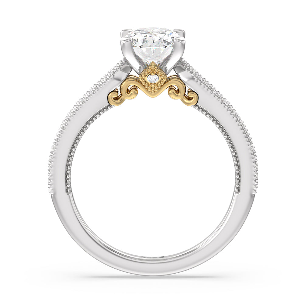 Milgrain Hidden Accent Engagement Ring with Oval Cut Diamond in 14KT White & Yellow Gold view 2
