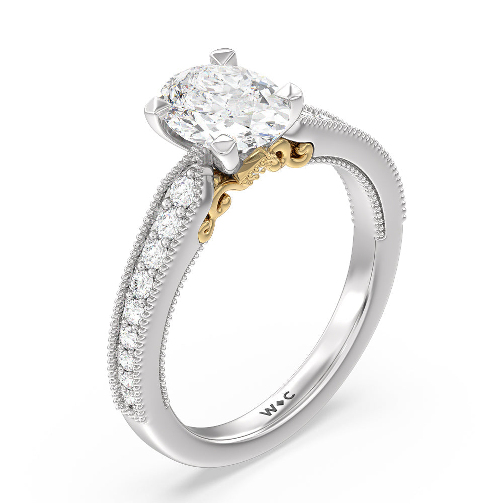 Milgrain Hidden Accent Engagement Ring with Oval Cut Diamond in 14KT White & Yellow Gold view 3
