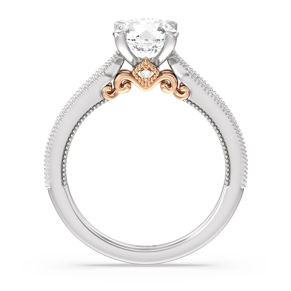 Milgrain Hidden Accent Engagement Ring with Round Cut Diamond in 14KT White & Rose Gold view 2
