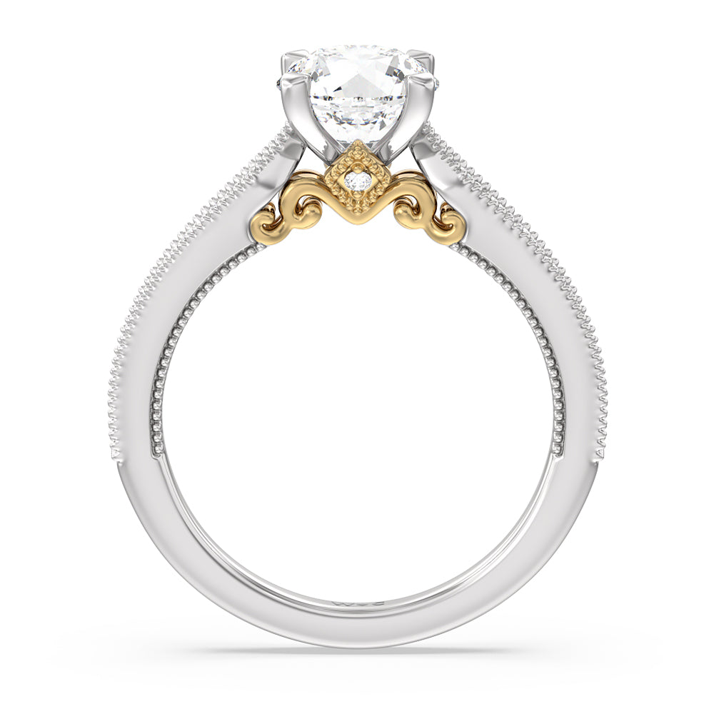 Milgrain Hidden Accent Engagement Ring with Round Cut Diamond in 14KT White & Yellow Gold view 2
