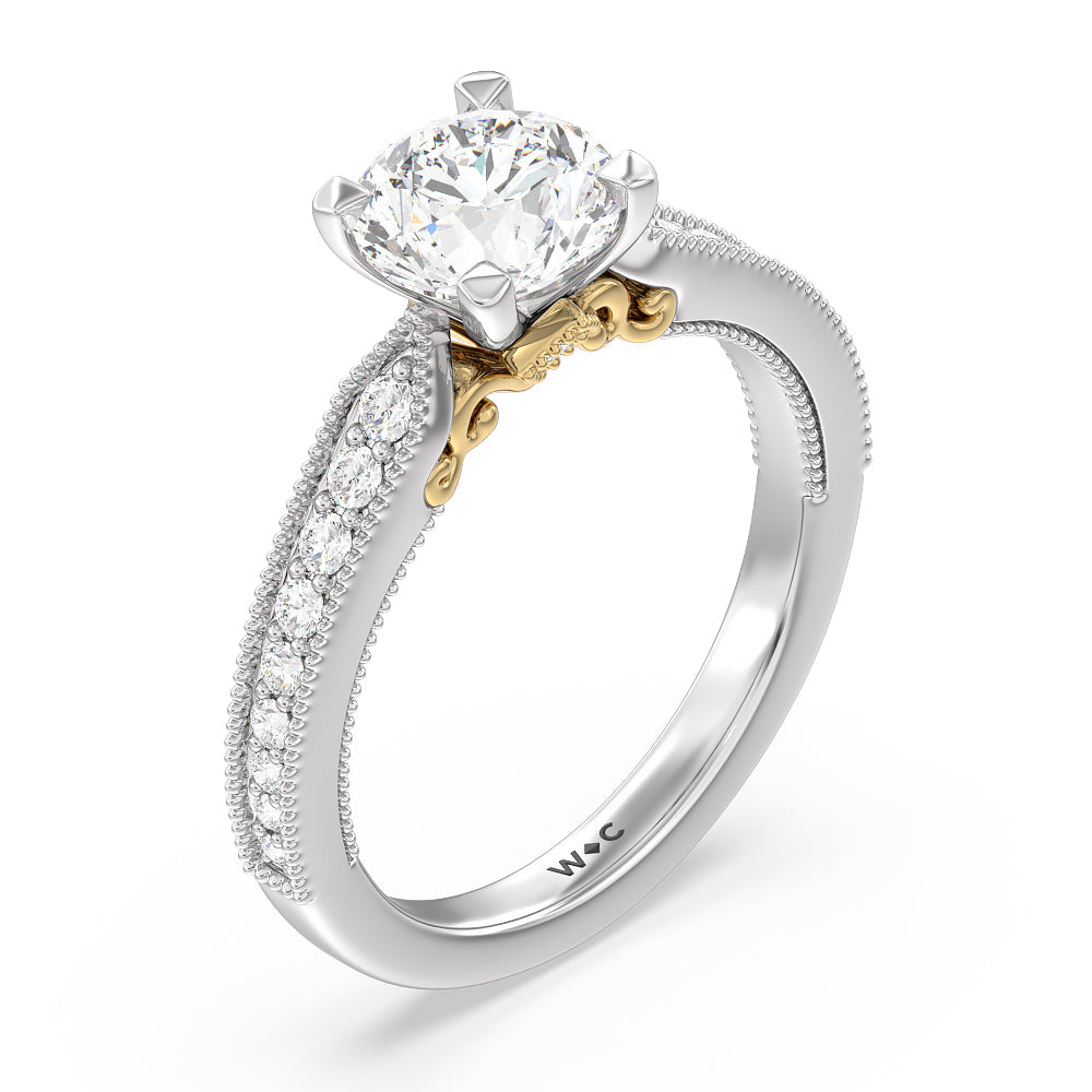 Milgrain Hidden Accent Engagement Ring with Round Cut Diamond in 14KT White & Yellow Gold view 3

