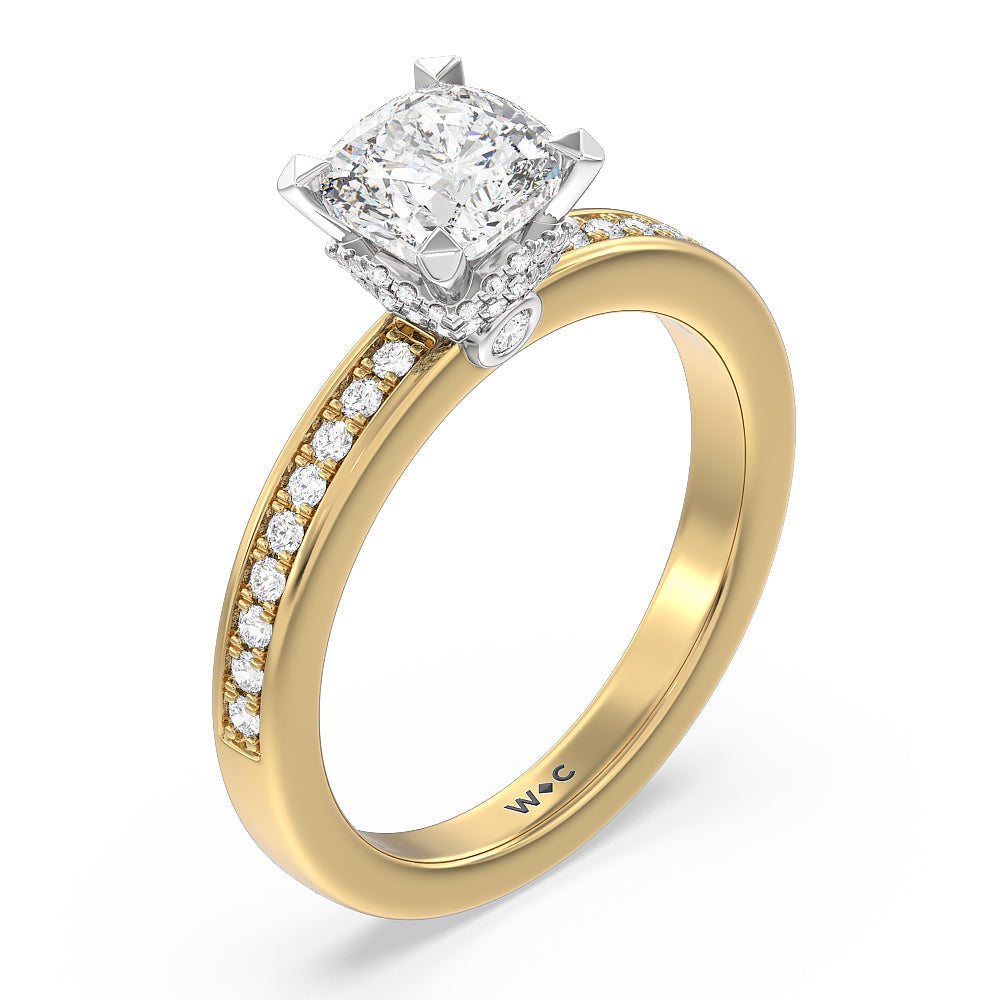 Cushion Cut Hidden Accent Double Halo Engagement Ring with Lab Grown Diamond in 14KT White & Yellow Gold view 3
