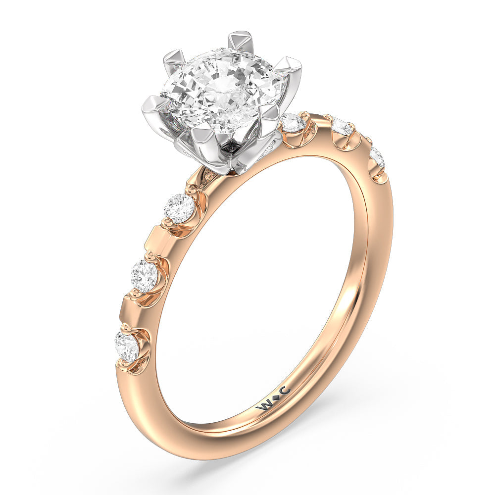 Petal 6 Claw Petal Hidden Accent Engagement Ring with Cushion Cut Diamond in 14KT White & Rose Gold view 3
