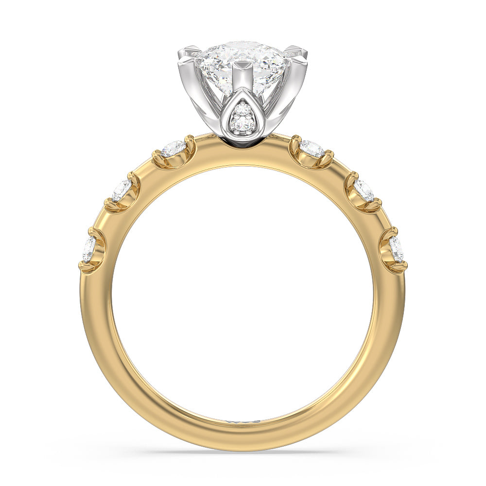 Petal 6 Claw Petal Hidden Accent Engagement Ring with Cushion Cut Diamond in 14KT White & Yellow Gold view 2
