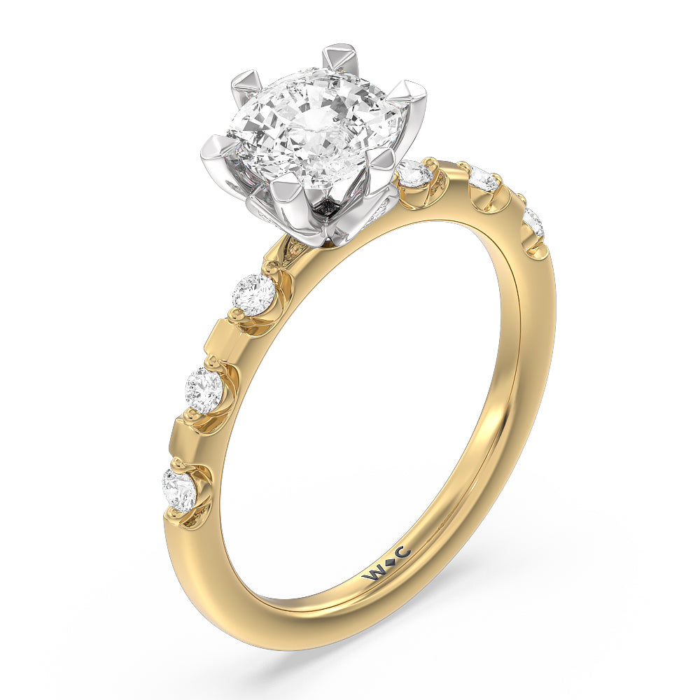 Petal 6 Claw Petal Hidden Accent Engagement Ring with Cushion Cut Diamond in 14KT White & Yellow Gold view 3

