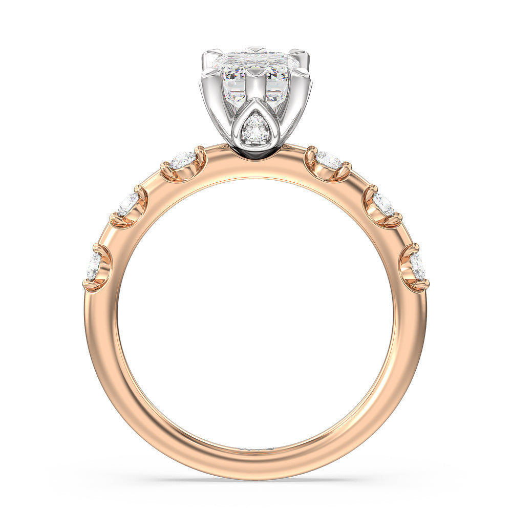Petal 6 Claw Petal Hidden Accent Engagement Ring with Emerald Cut Diamond in 14KT White & Rose Gold view 2
