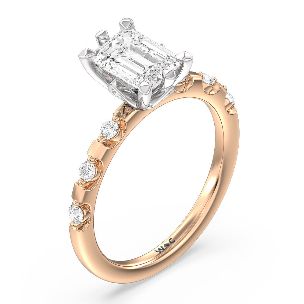 Petal 6 Claw Petal Hidden Accent Engagement Ring with Emerald Cut Diamond in 14KT White & Rose Gold view 3
