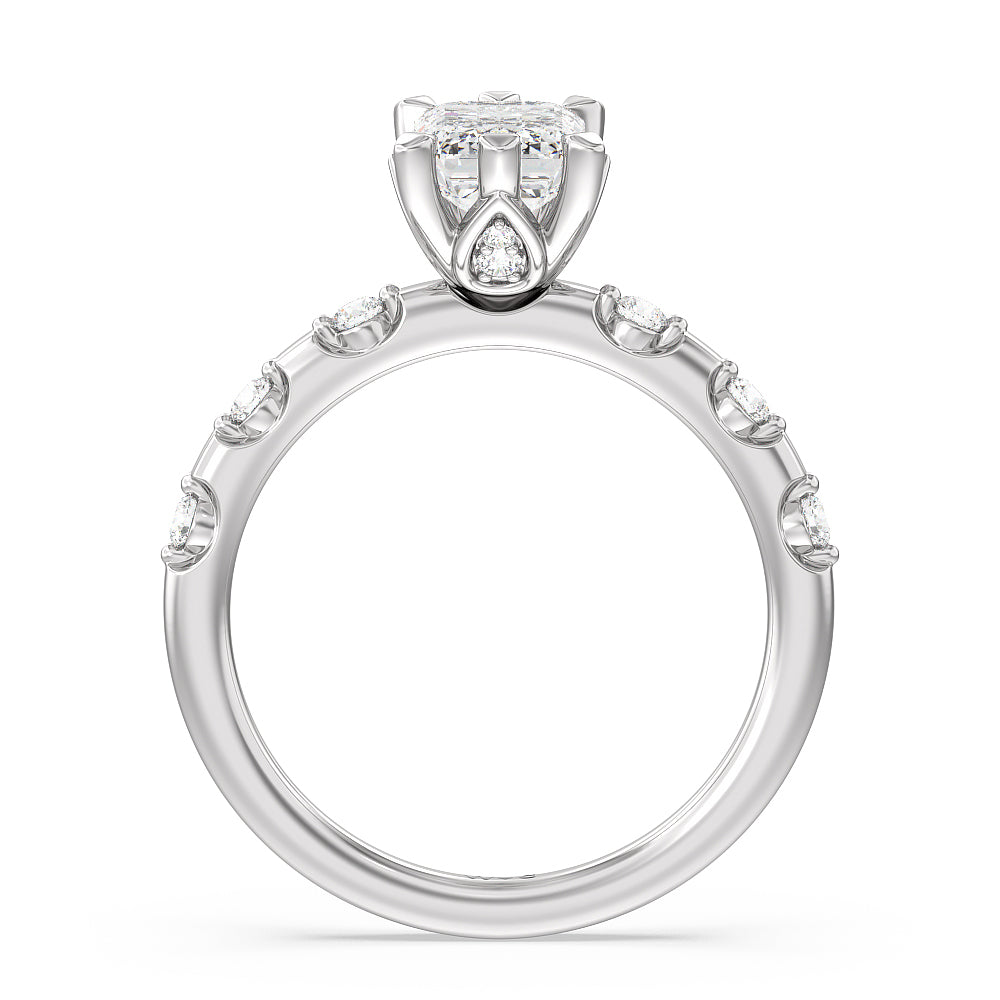 Petal 6 Claw Petal Hidden Accent Engagement Ring with Emerald Cut Diamond in 14KT Platinum view 2

