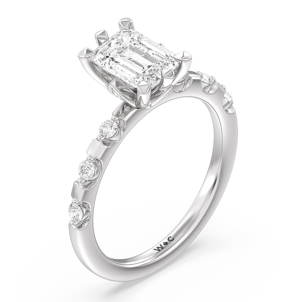 Petal 6 Claw Petal Hidden Accent Engagement Ring with Emerald Cut Diamond in 14KT Platinum view 3
