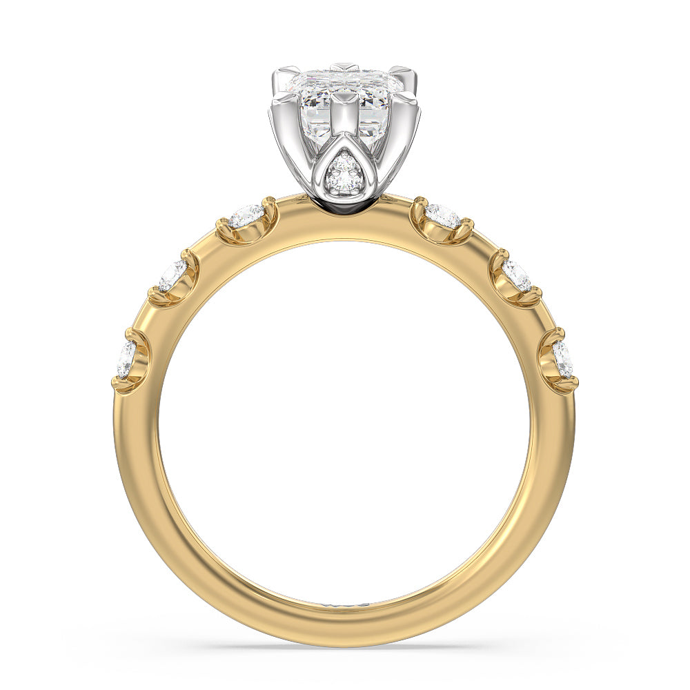 Petal 6 Claw Petal Hidden Accent Engagement Ring with Emerald Cut Diamond in 14KT White & Yellow Gold view 2
