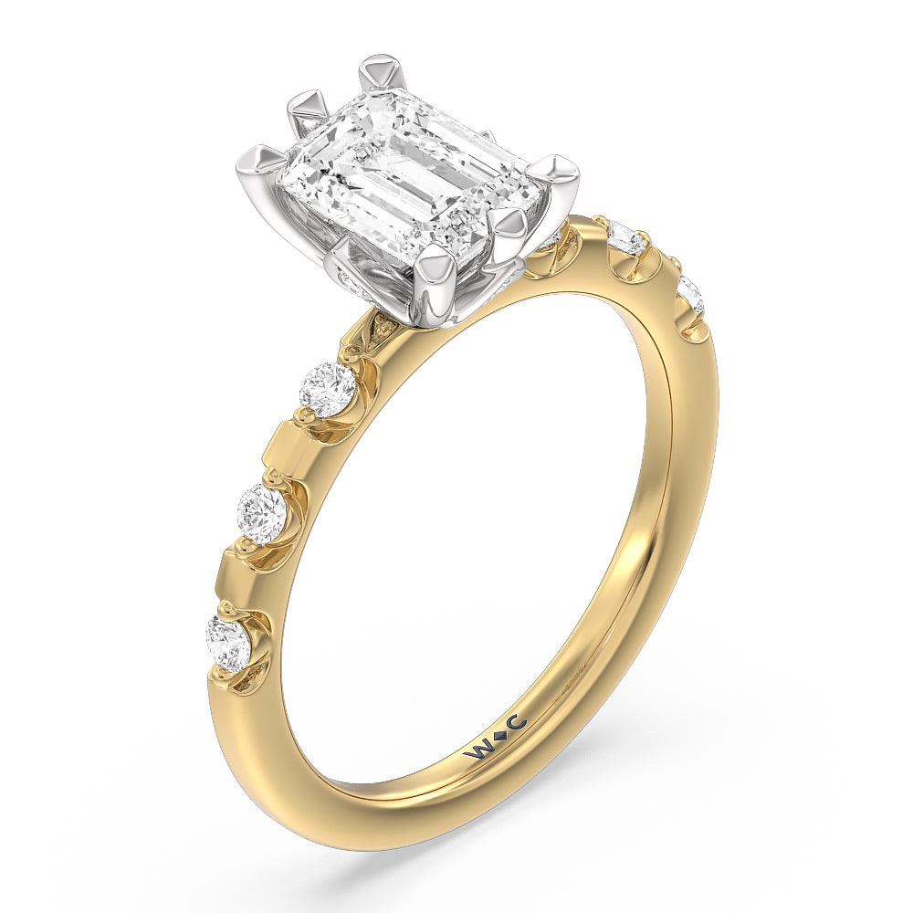 Petal 6 Claw Petal Hidden Accent Engagement Ring with Emerald Cut Diamond in 14KT White & Yellow Gold view 3
