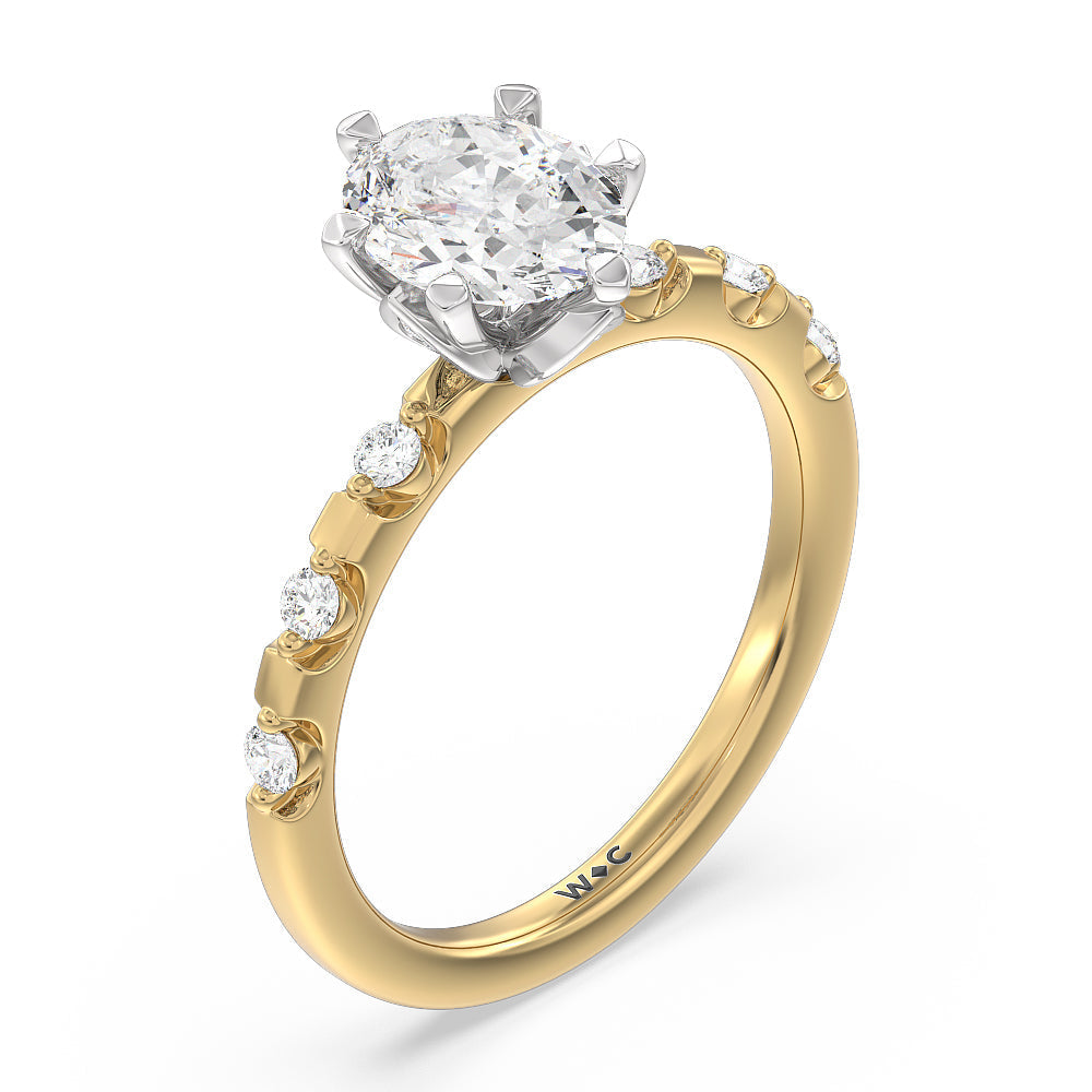 Petal 6 Claw Petal Hidden Accent Engagement Ring with Oval Cut Diamond in 14KT White & Yellow Gold view 3
