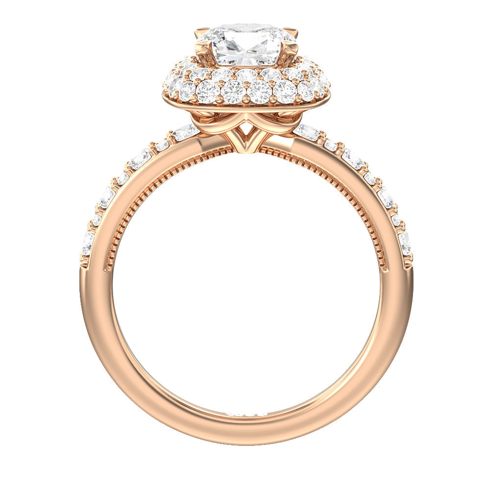 Falling Edge Halo Engagement Ring with Cushion Cut Diamond in 14KT Rose Gold view 2

