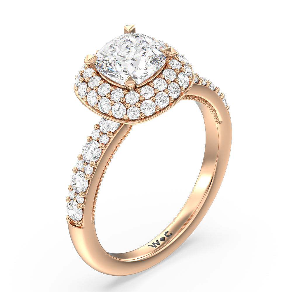 Falling Edge Halo Engagement Ring with Cushion Cut Diamond in 14KT Rose Gold view 3
