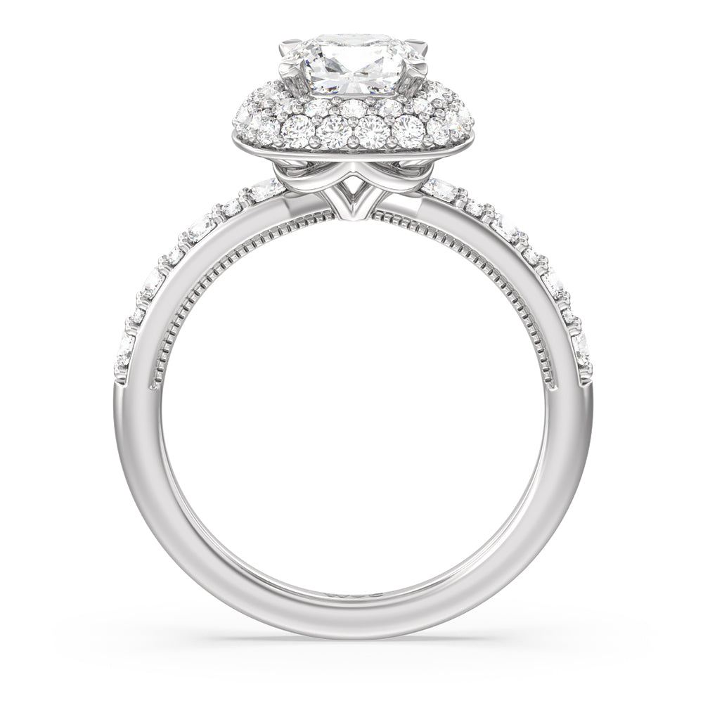 Falling Edge Halo Engagement Ring with Cushion Cut Diamond in 14KT Platinum view 2

