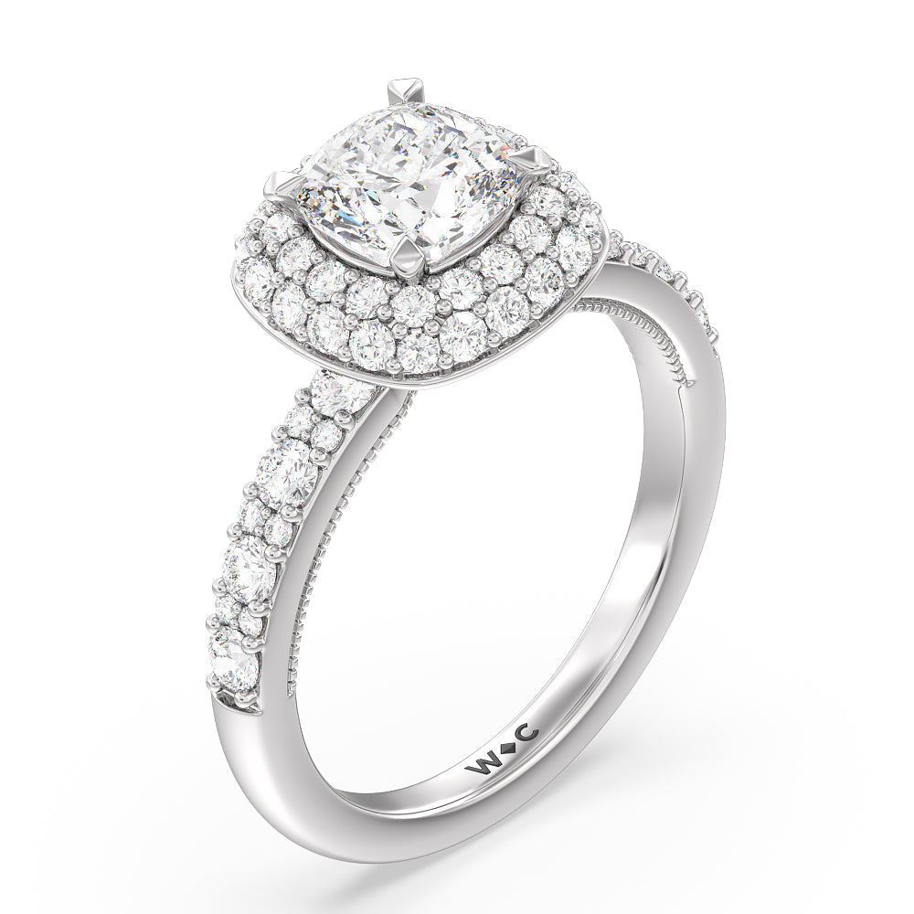 Falling Edge Halo Engagement Ring with Cushion Cut Diamond in 14KT Platinum view 3
