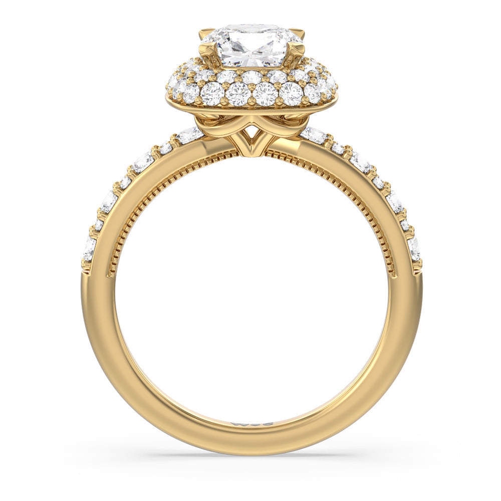 Falling Edge Halo Engagement Ring with Cushion Cut Diamond in 14KT Yellow Gold view 2
