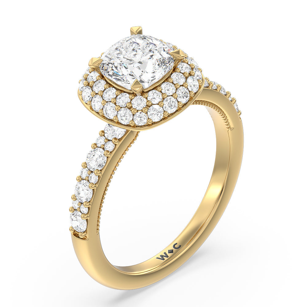 Falling Edge Halo Engagement Ring with Cushion Cut Diamond in 14KT Yellow Gold view 3
