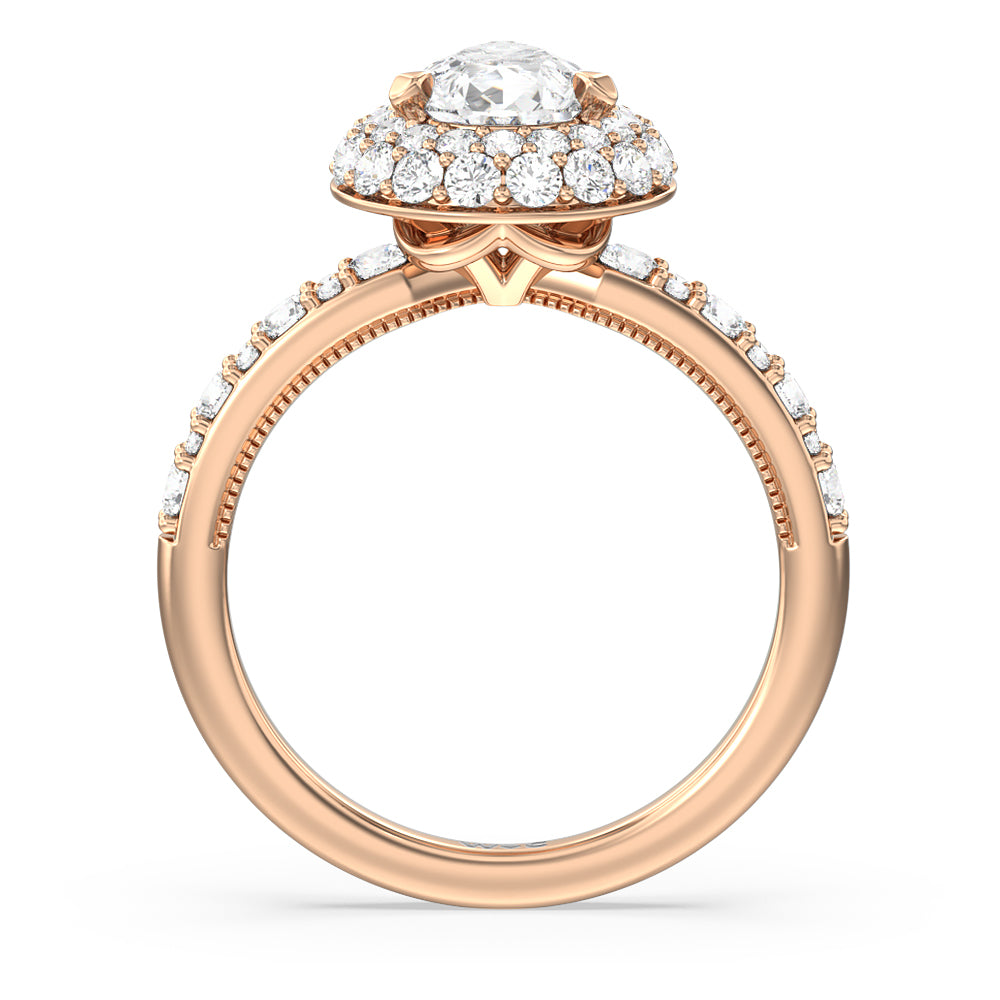 Falling Edge Halo Engagement Ring with Pear Cut Diamond in 14KT Rose Gold view 2
