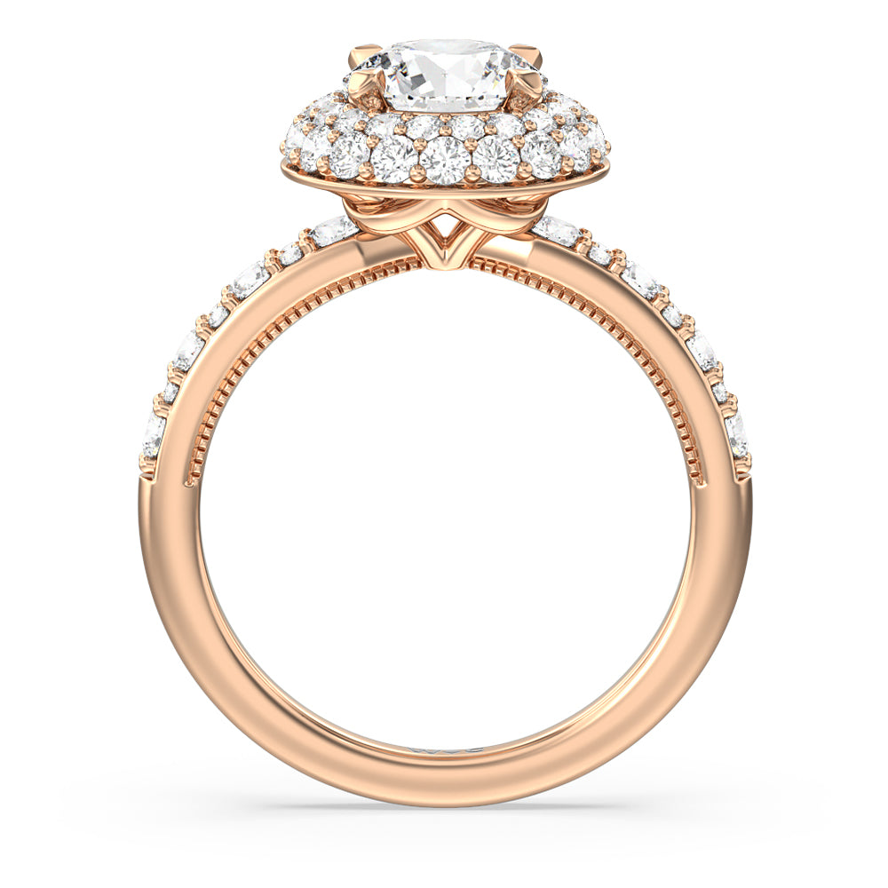 Falling Edge Halo Engagement Ring with Round Cut Diamond in 14KT Rose Gold view 2
