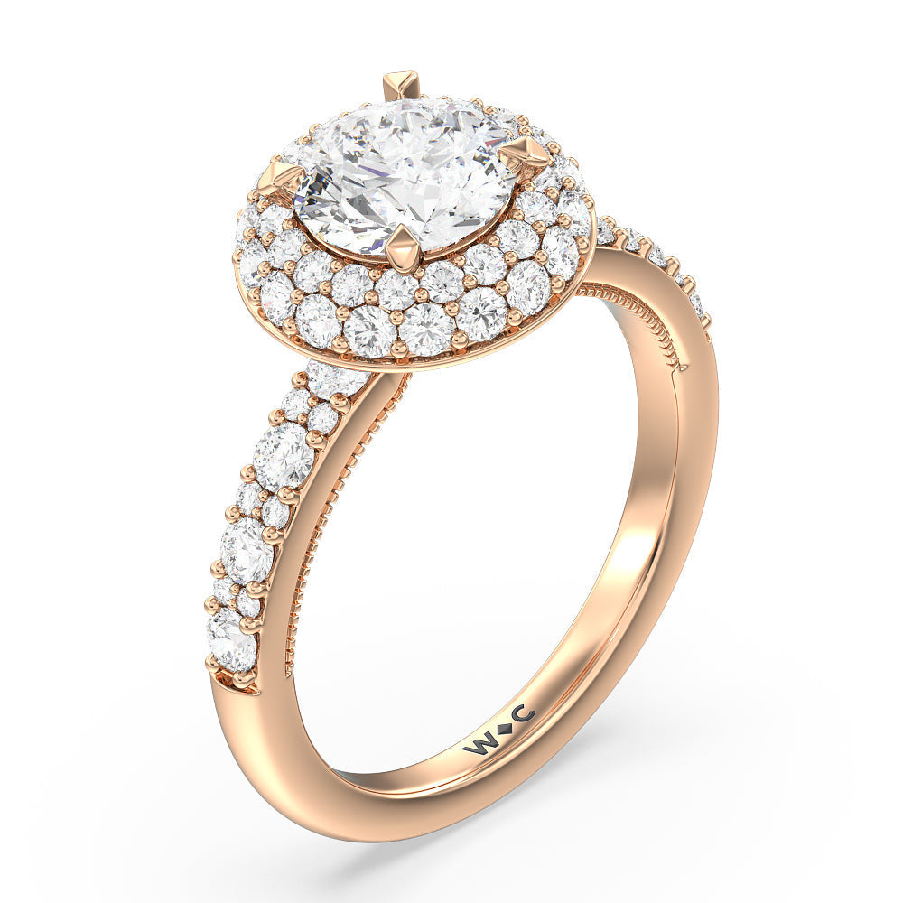 Falling Edge Halo Engagement Ring with Round Cut Diamond in 14KT Rose Gold view 3

