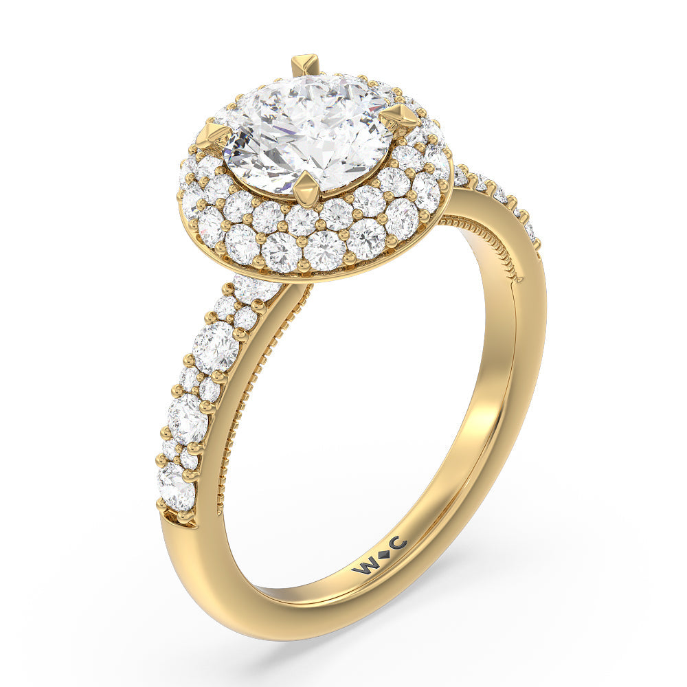 Falling Edge Halo Engagement Ring with Round Cut Diamond in 14KT Yellow Gold view 3

