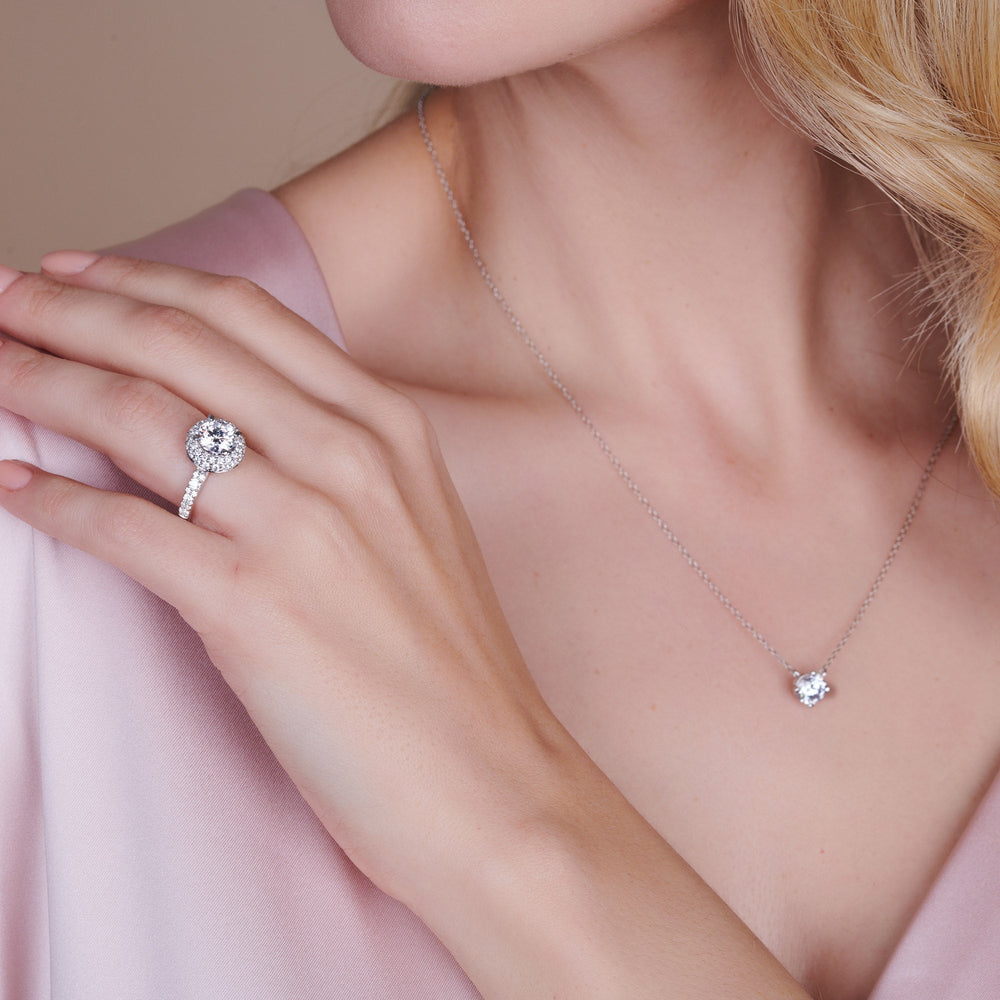 Model Wearing Fancy Pink Falling Edge Halo Engagement Ring with Lab Grown Diamond view