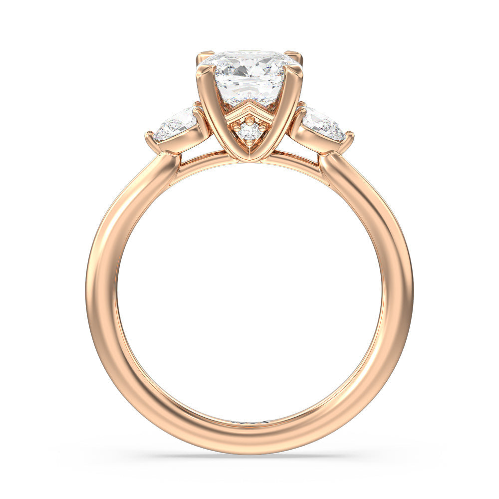 Fine Line Pear Three Stone Engagement Ring with Cushion Cut Diamond in 14KT Rose Gold view 2

