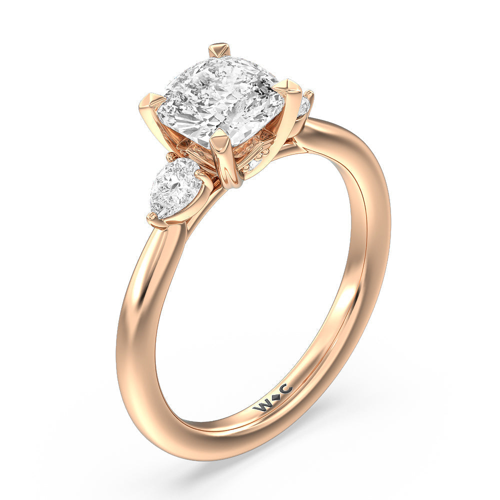 Fine Line Pear Three Stone Engagement Ring with Cushion Cut Diamond in 14KT Rose Gold view 3
