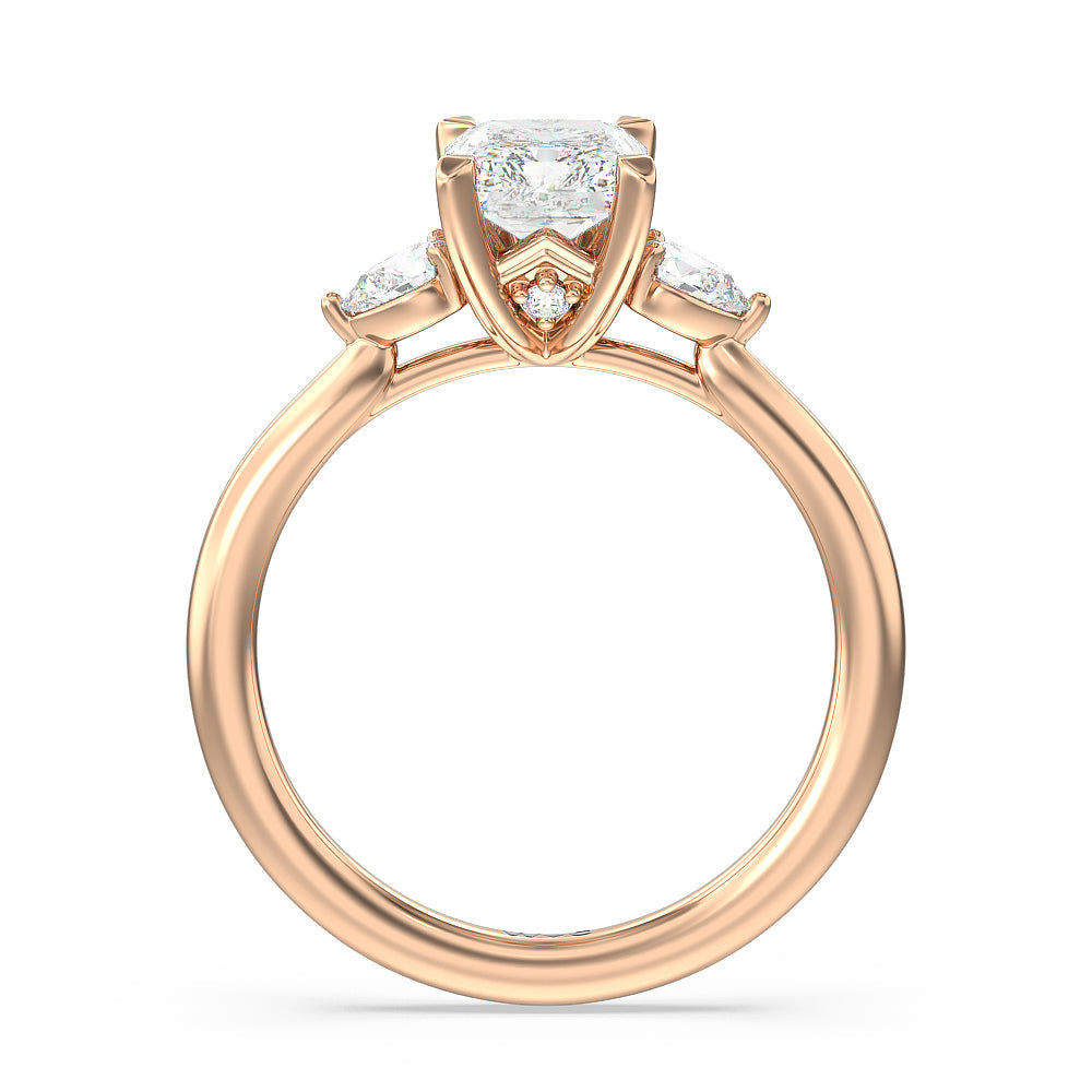 Fine Line Pear Three Stone Engagement Ring with Radiant Cut Diamond in 14KT Rose Gold view 2
