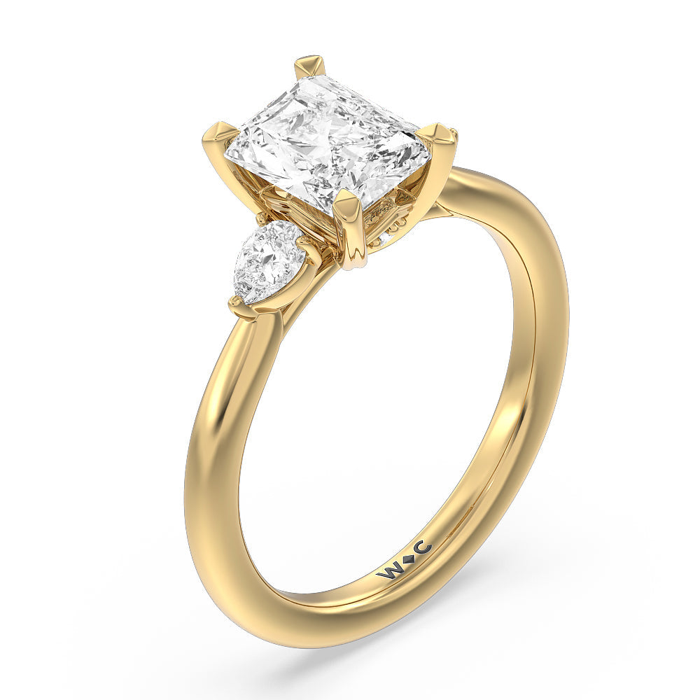 Fine Line Pear Three Stone Engagement Ring with Radiant Cut Diamond in 14KT Yellow Gold view 3
