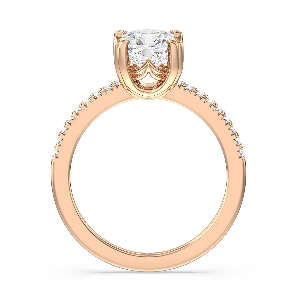 Fine Line Pave Double Claw Engagement Ring with Cushion Cut Diamond in 14KT Rose Gold view 2
